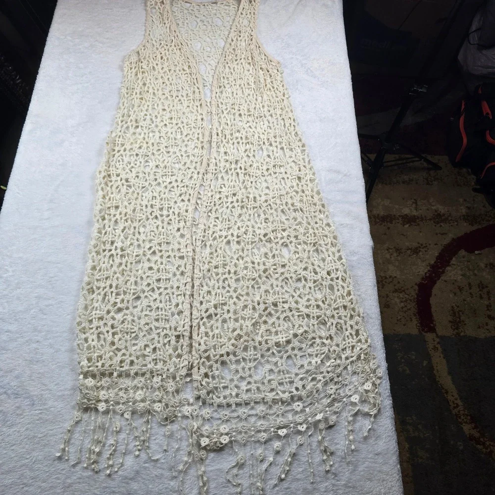 Unbranded Cream Crochet Swim Cover Up Vest Boho Fringe High Low Lace Trim